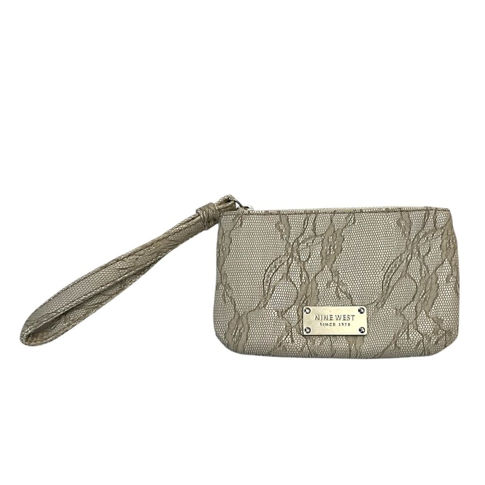 Nine West Wristlet Clutch Pouch – Lace Overlay – Metallic Logo Plate – 6.5x4” –
